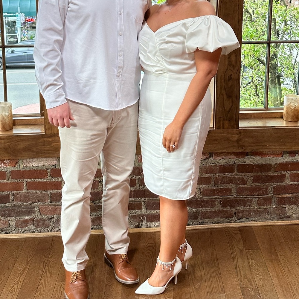 White Satin Occasion Bardot Puff Sleeve Midi Dress